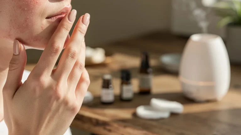 Peau irritée après usage d'huiles essentielles mal dosées, rougeurs visibles sur peau féminine sensible