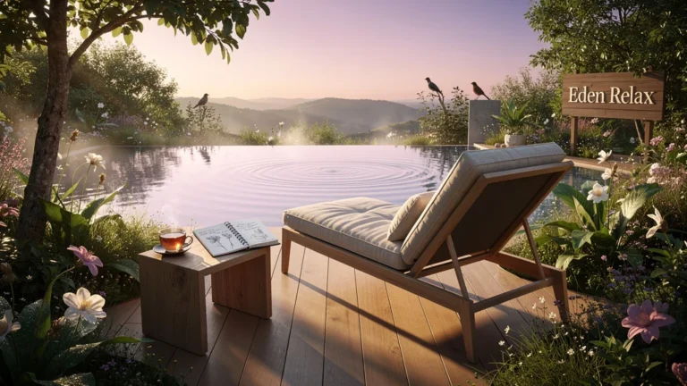 Sanctuaire de détente Eden Relax en plein air au coucher du soleil, ambiance naturelle et apaisante