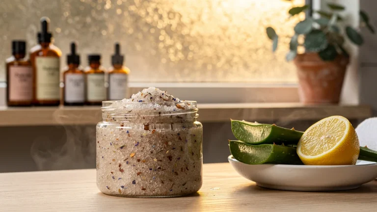 Gommage corps naturel en pot avec ingrédients frais éclairé par lumière douce pour peau renouvelée