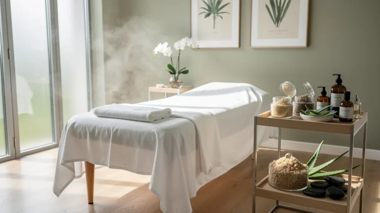 Salle de soin spa moderne illustrant un gommage du corps en institut, ambiance zen et naturelle