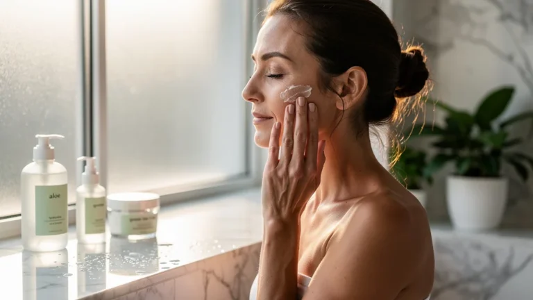 Femme appliquant un hydratant léger sur peau grasse, résultat visible après 4 semaines