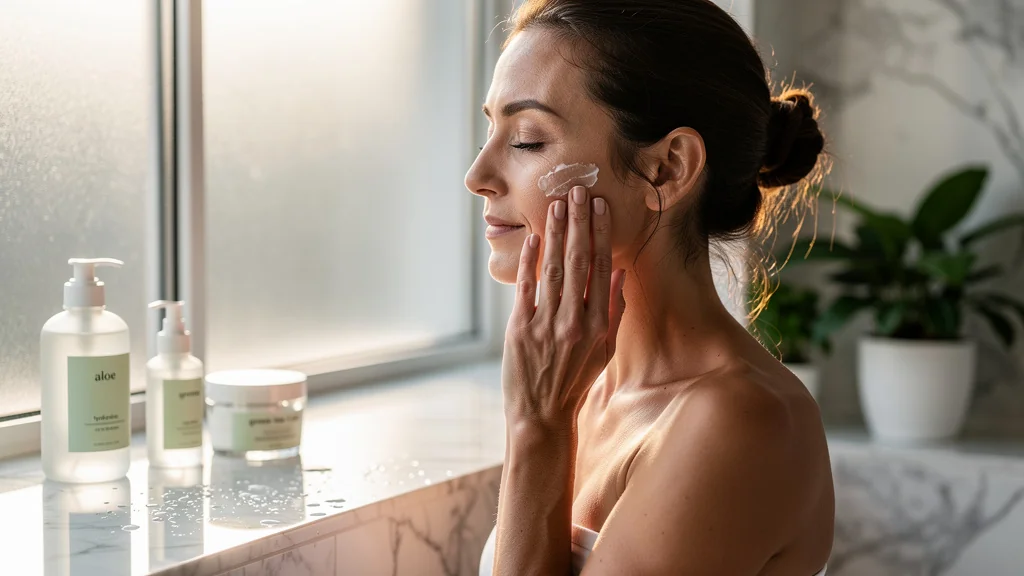 Femme appliquant un hydratant léger sur peau grasse, résultat visible après 4 semaines
