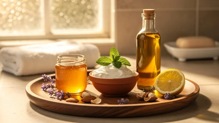 Trois ingrédients naturels pour soins de la peau : miel, yaourt et huile d’olive sur un comptoir lumineux