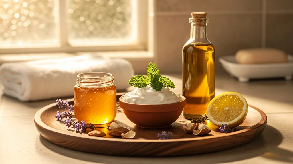 Trois ingrédients naturels pour soins de la peau : miel, yaourt et huile d’olive sur un comptoir lumineux