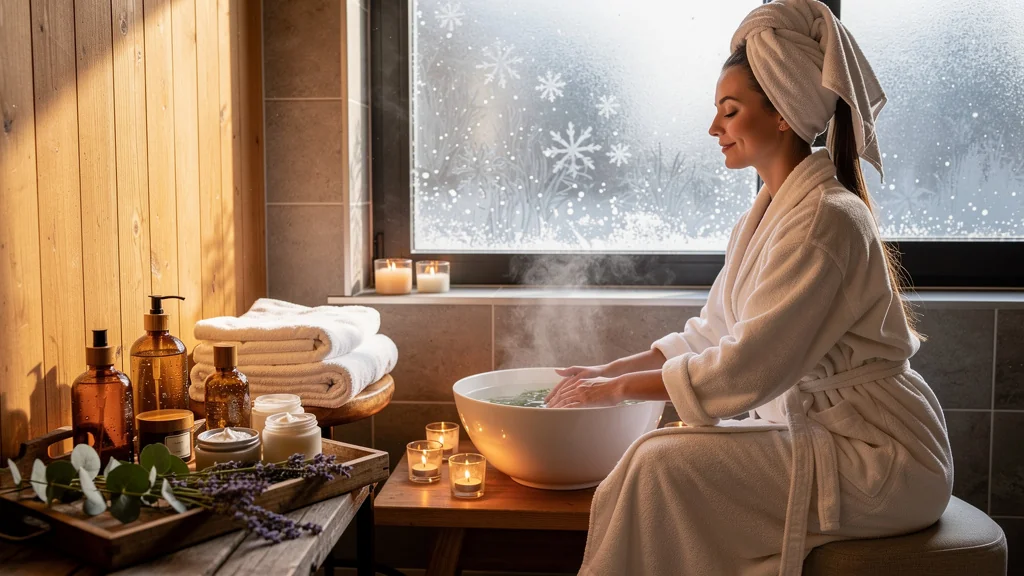 Femme pratiquant un rituel spa maison chaque dimanche durant l'hiver, ambiance cocooning et naturelle