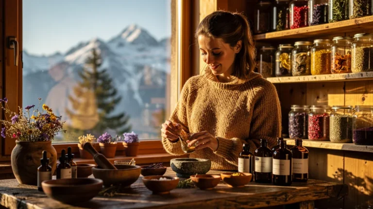 Atelier de montagne avec femme créant des cosmétiques maison naturels, ambiance chaleureuse et lumineuse