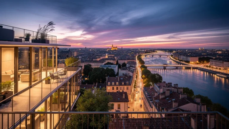 Vue panoramique hyper-réaliste Les Cents Ciels Lyon au coucher du soleil, skyline et rivière Rhône en lumière douce