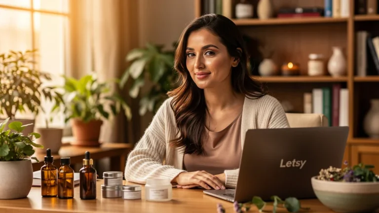 Portrait réaliste d'une rédactrice beauté naturelle femme 37 ans en bureau avec produits Letsy lumineux
