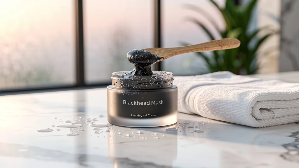Pot de masque pour point noire posé sur un plan de salle de bain moderne avec spatule et lumière naturelle