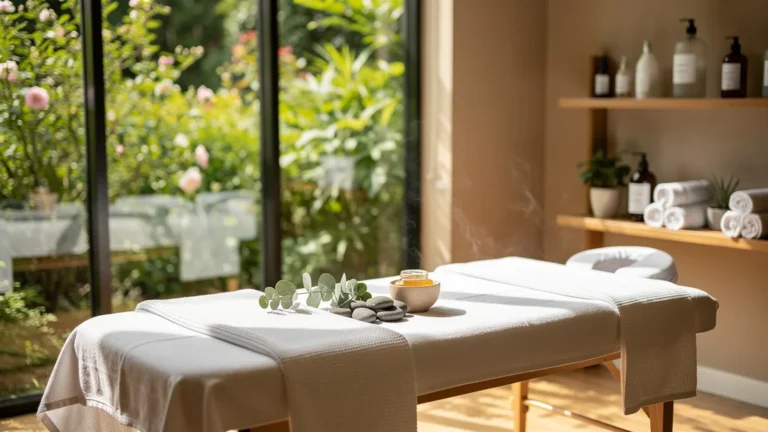 Spa matseel naturel lumineux et apaisant avec table de soin et jardin verdoyant