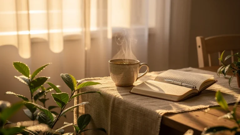 Scène lumineuse et apaisante illustrant la pratique de meiso, rituel de beauté naturelle et méditation