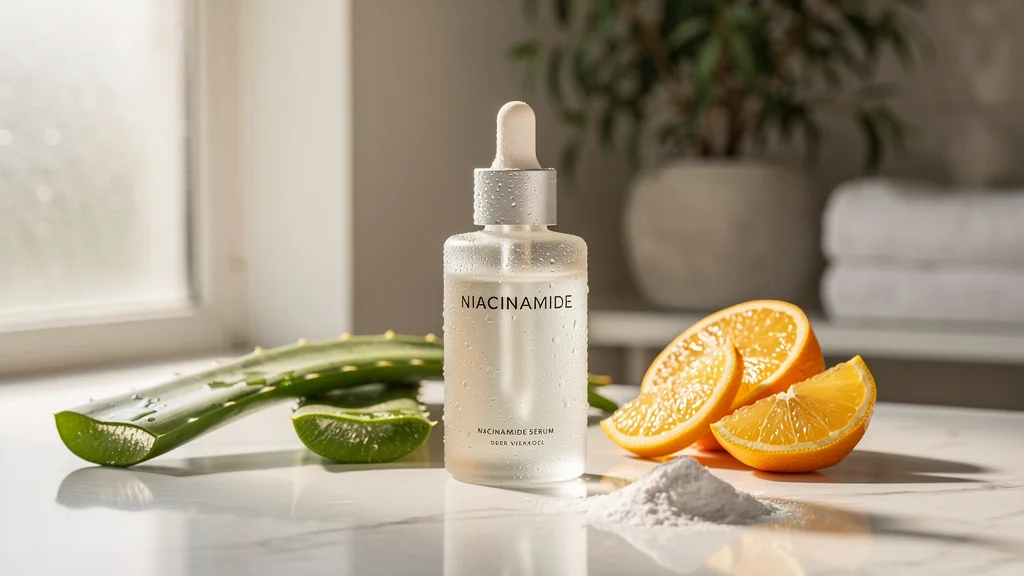 Flacon de sérum à la niacinamide sur comptoir en marbre blanc avec éléments naturels en lumière naturelle douce