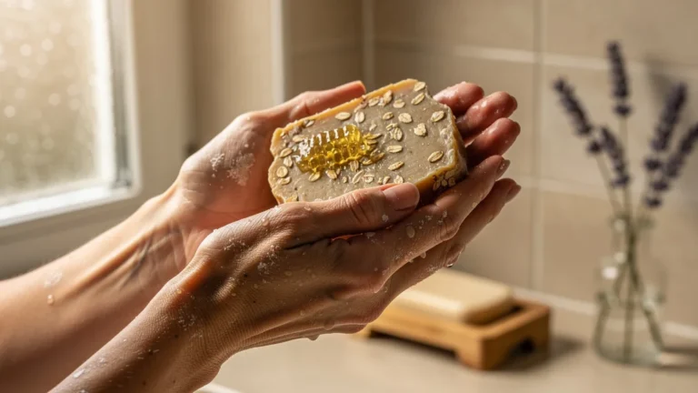 Mains féminines tenant un savon naturel sur peau sèche, illustration soins peau sèche savon
