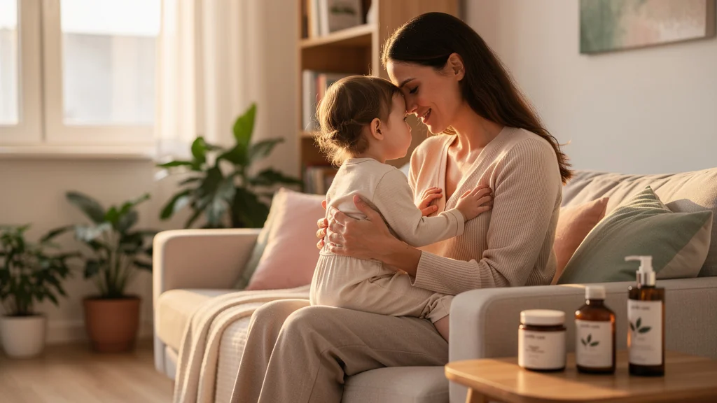 Mère de 37 ans protégeant la peau de son enfant, révélant un soin naturel et transformé