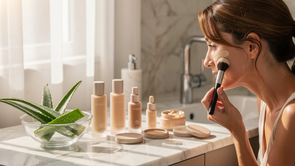 Fond de teint pour peau grasse sur une coiffeuse élégante avec femme appliquant le maquillage