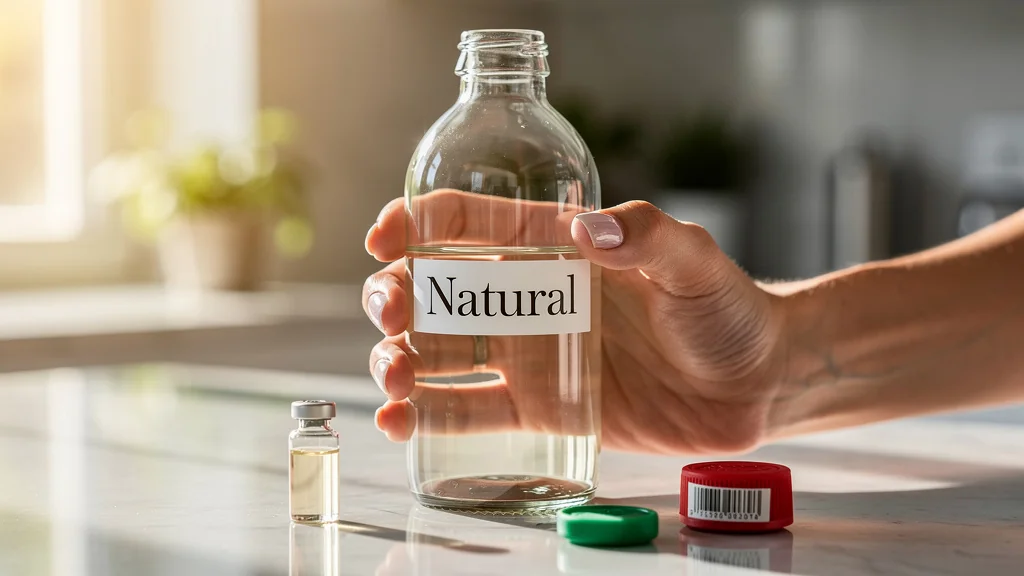 Bouteille étiquetée "naturel" trompeuse en gros plan, illustrant le piège du marketing beauté naturel