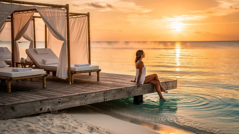 Vue hyperréaliste d’un spa en bord de mer au coucher de soleil avec une femme relaxant au bord de l’eau