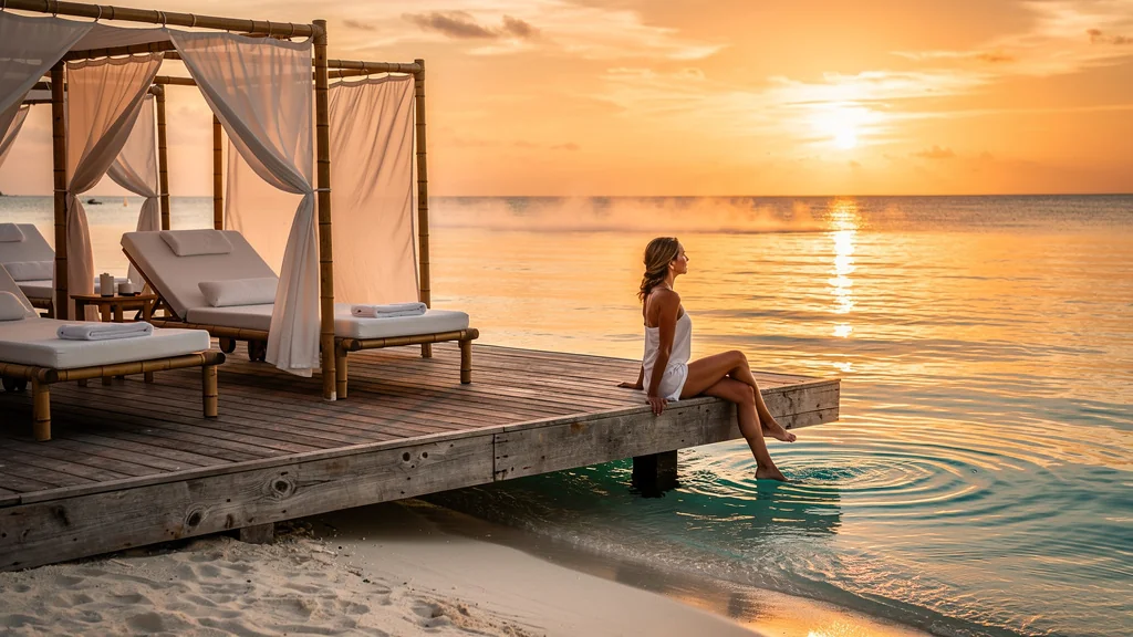 Vue hyperréaliste d’un spa en bord de mer au coucher de soleil avec une femme relaxant au bord de l’eau