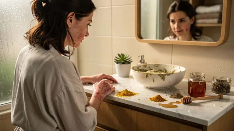 Femme avec peau irritée après un masque maison trouvé en ligne, ambiance salle de bain naturelle