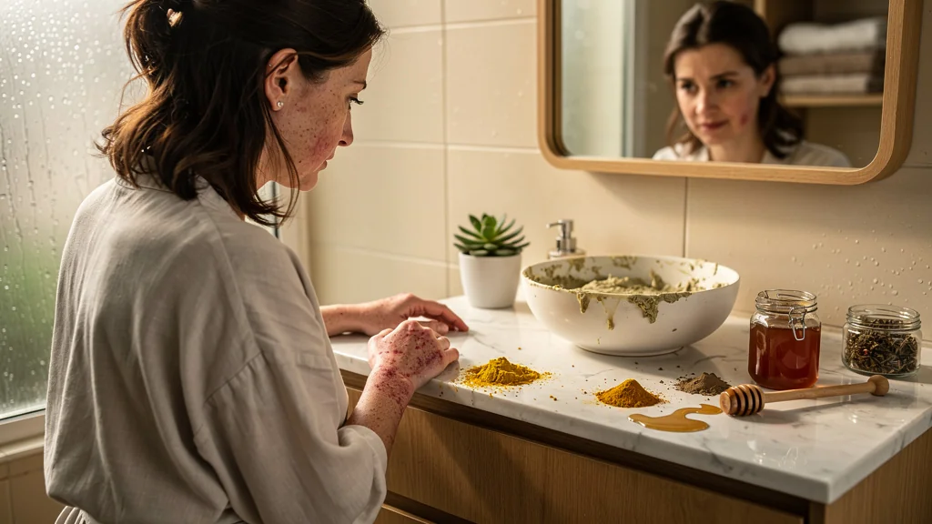Femme avec peau irritée après un masque maison trouvé en ligne, ambiance salle de bain naturelle
