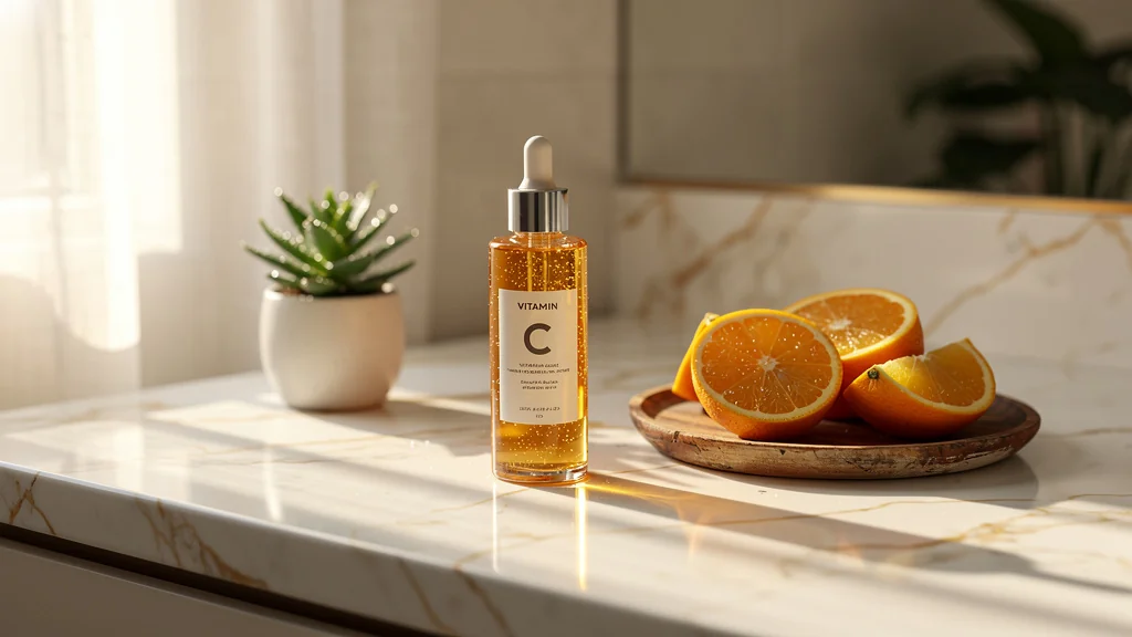 Vanity table with vitamin C serum and fresh citrus illustrating vitamine C bienfaits visage